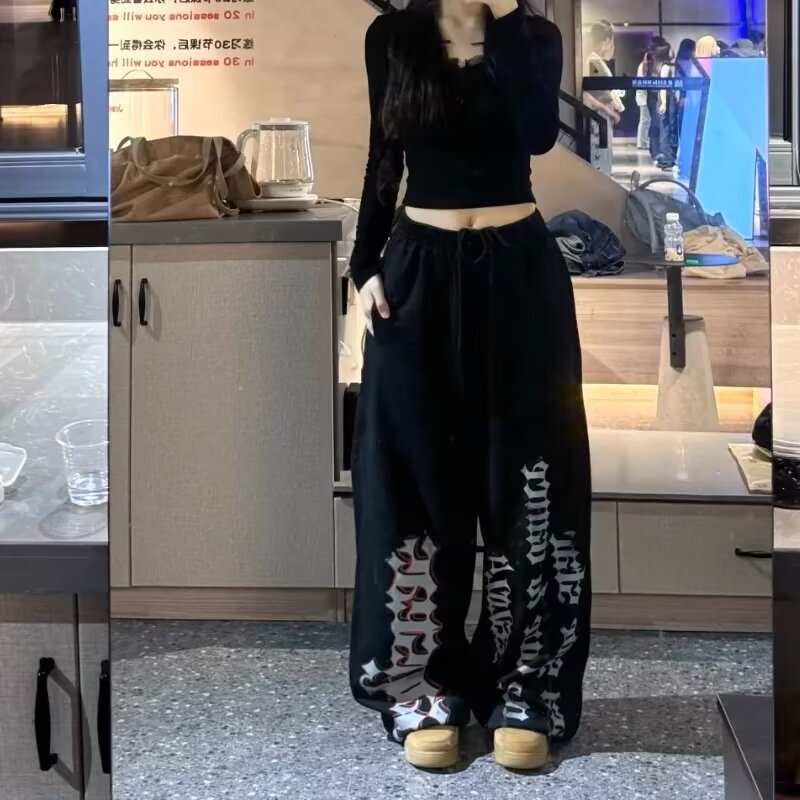 Spring Trendy American Casual Pants Printed Trendy Brand Black American Jazz Dance Street Dance Sports Pants Gothic Alphabet 2025