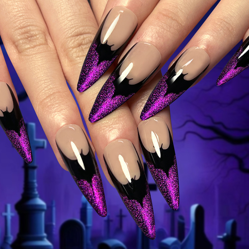 Cross-border Repetible Nail Fake Nail Bat Halloween Wear French Purple Wearable Nail Nail Cross-border Repetible Nail Fake Nail Bat Halloween Wear French Purple Wearable Nail Nail