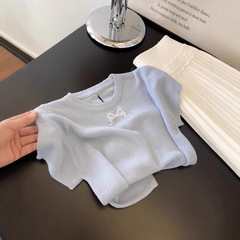 ブルーリボン刺繍薄手ニット半袖Tシャツレディース2025夏新作中空ショルダーシャツトップ