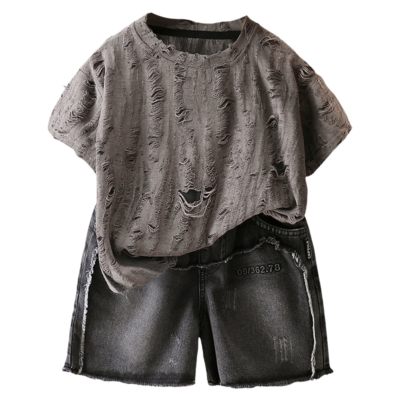 7133 traje de verano para niños ropa coreana de manga corta para niños camiseta hueca de verano pantalones cortos de mezclilla de dos piezas de verano