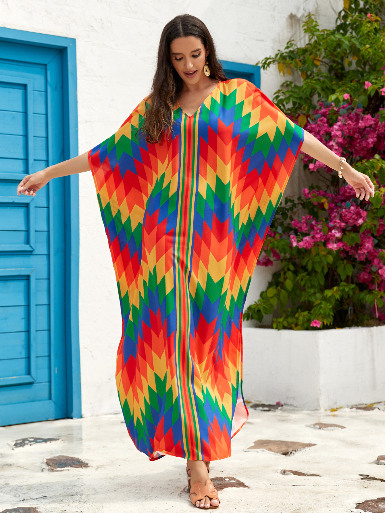 7 colores transfronterizos europeos y americanos más tamaño con cuello en V Vestido de playa blusa suelta vacaciones Falda larga bikini blusa 3897