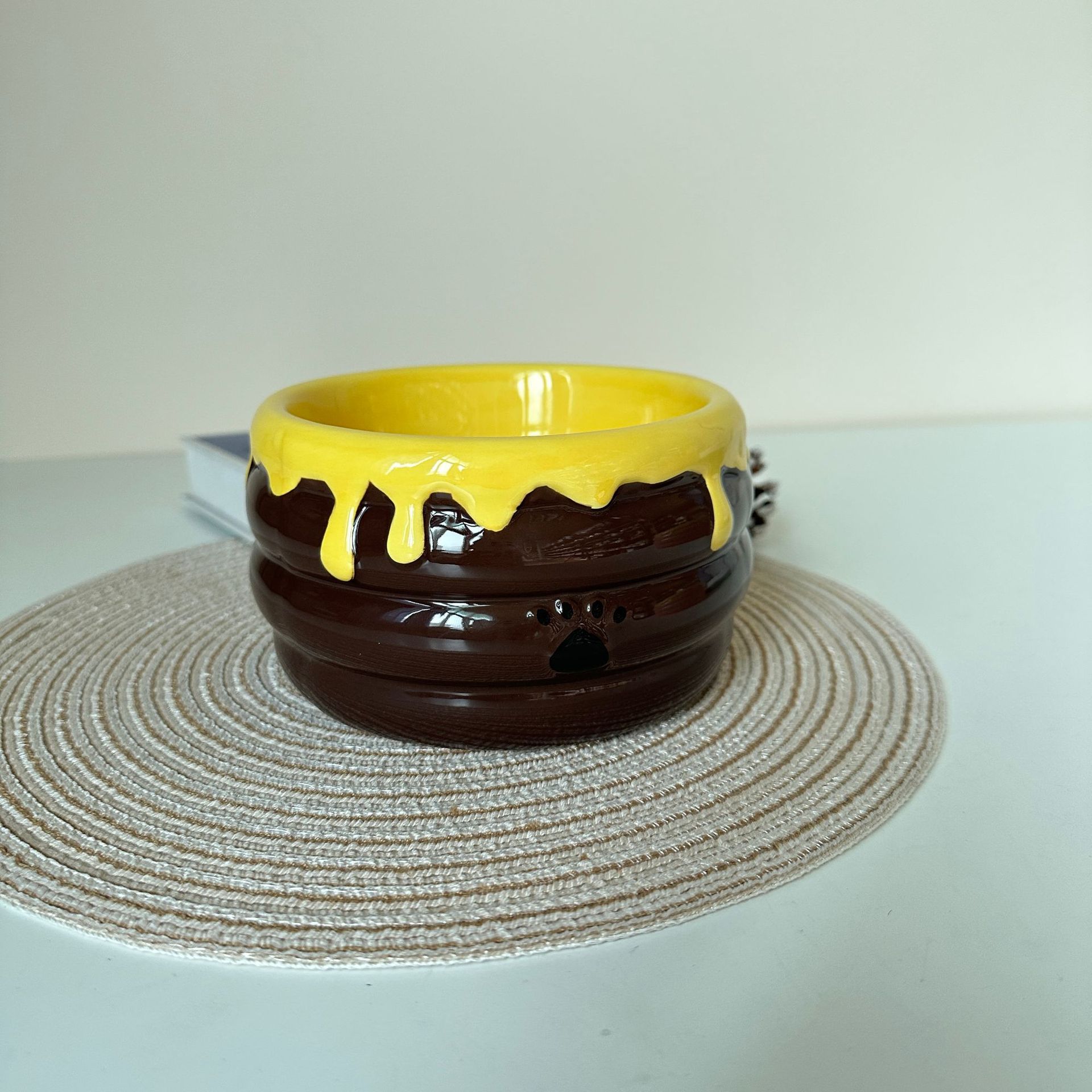 Miel olla pierna alta cerámica gato tazón anti-mascota tazón anti-golpe mascota agua potable protección columna cervical hecho a mano bajo vidriado