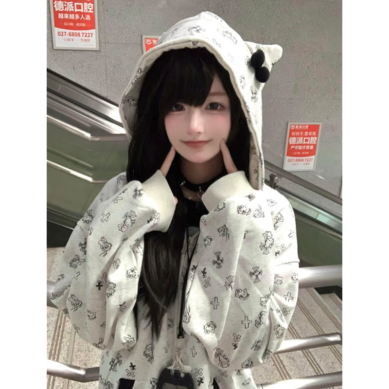 美式卡通Kitty满印耳朵连帽卫衣女宽松春秋拉链开衫外套小众上衣