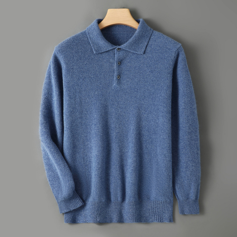 Polo Collar 100% Australian Pure Wool Sweater Autumn and Winter Men's Lapel Business Casual Knitted Base Shirt Sweater Wholesale