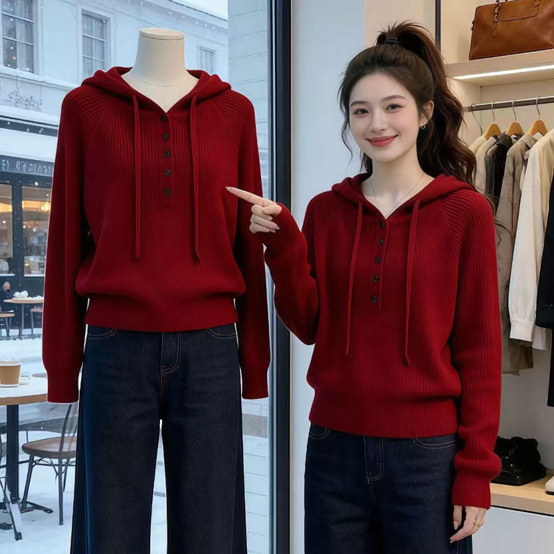 Fashionable Hooded Fine-Knit Sweater for Women 2026 Spring and Autumn New Style Loose Slimming Fashionable Long-Sleeve Sweater for Women