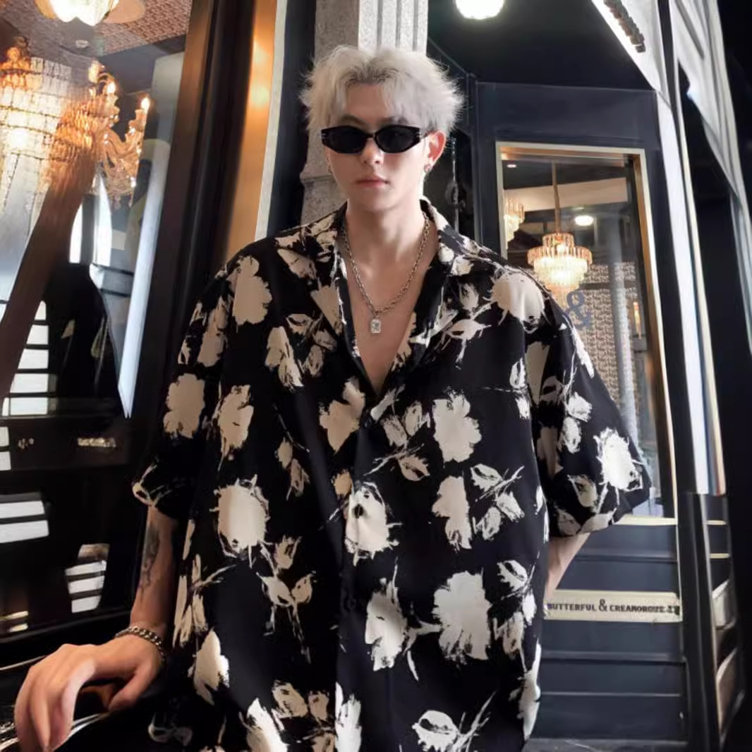 French-style Cuban Collar Shirt Men's Short-sleeved Summer Superior Coat Sex Tension Wear Ice Silk Shirt