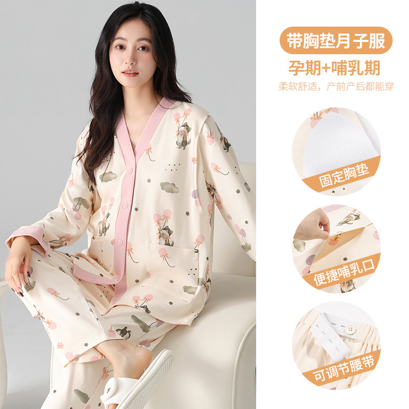 100% Cotton Maternity Pajamas with Breast Pads, Pure Cotton, Class a Maternal and Infant Grade, Summer Plus Size, Spring, Summer, Autumn, All-Cotton Maternity Nursing Sleepwear
