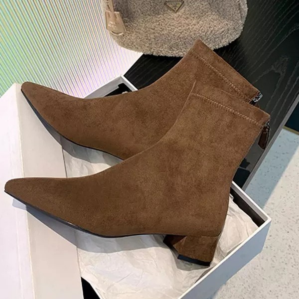 338-6 European and American autumn and winter new pointed short boots, women's elastic slim boots, mid heel suede Korean thick heel small boots