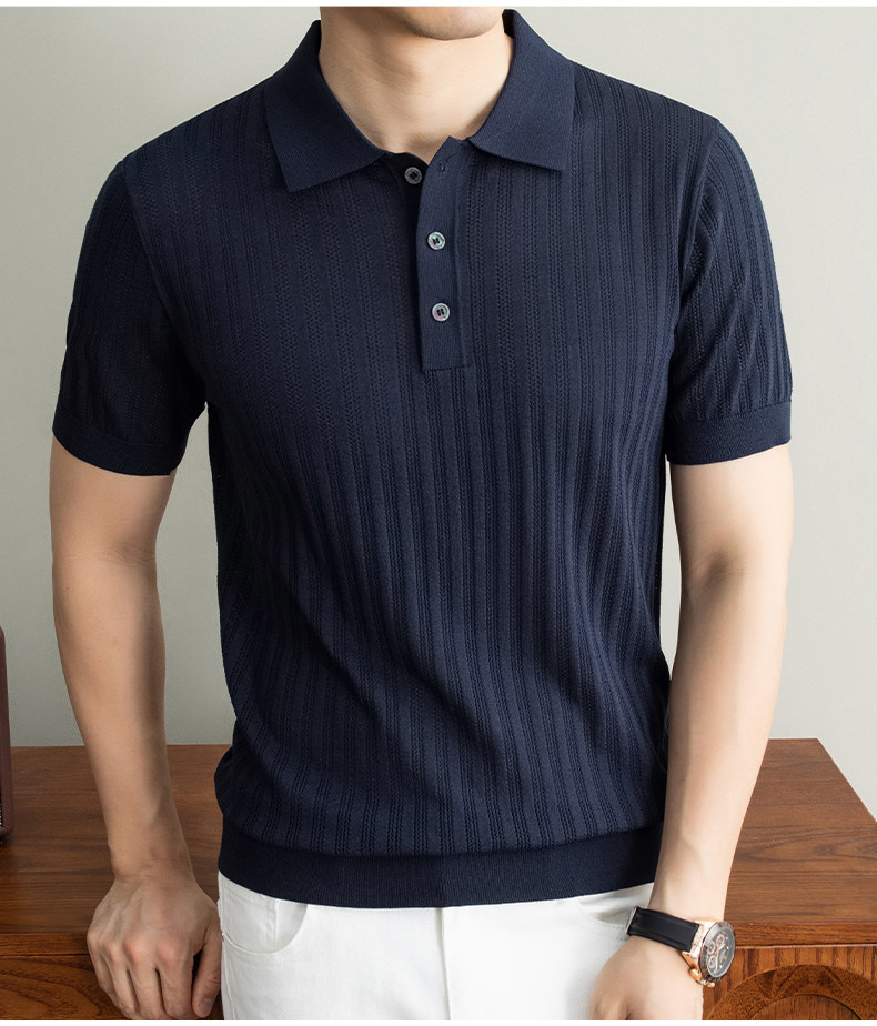Men's Ice Silk Breathable Polo Shirt Short Sleeve Hollow Out Jacquard Knit Summer Casual Loose Versatile Top_viptrois.com