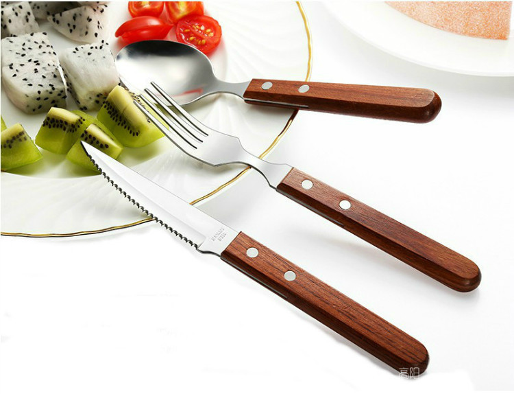 加厚304优质不锈钢刀叉商用西餐刀欧式餐厅木柄牛排刀水果叉子勺