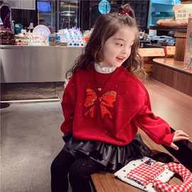 喜庆拜年衣服女童加绒卫衣冬装过年洋气儿童一体绒新年卫衣小女孩