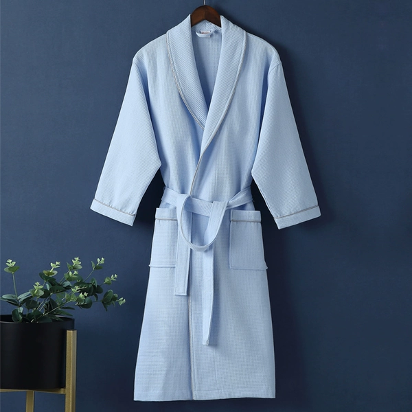 Blue summer thin cotton bathrobe, 100% cotton