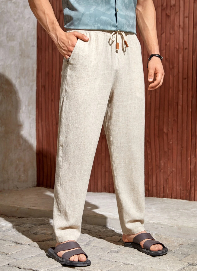 Men's Casual Cotton-linen Drawstring Trousers Breathable Fit_voghion.com