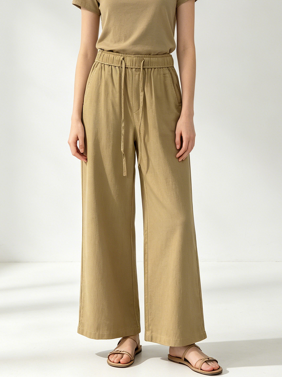 Quần culottes nữ ống rộng cạp cao vải lanh phối sợi tencel dáng suông ống thẳng — màu kaki