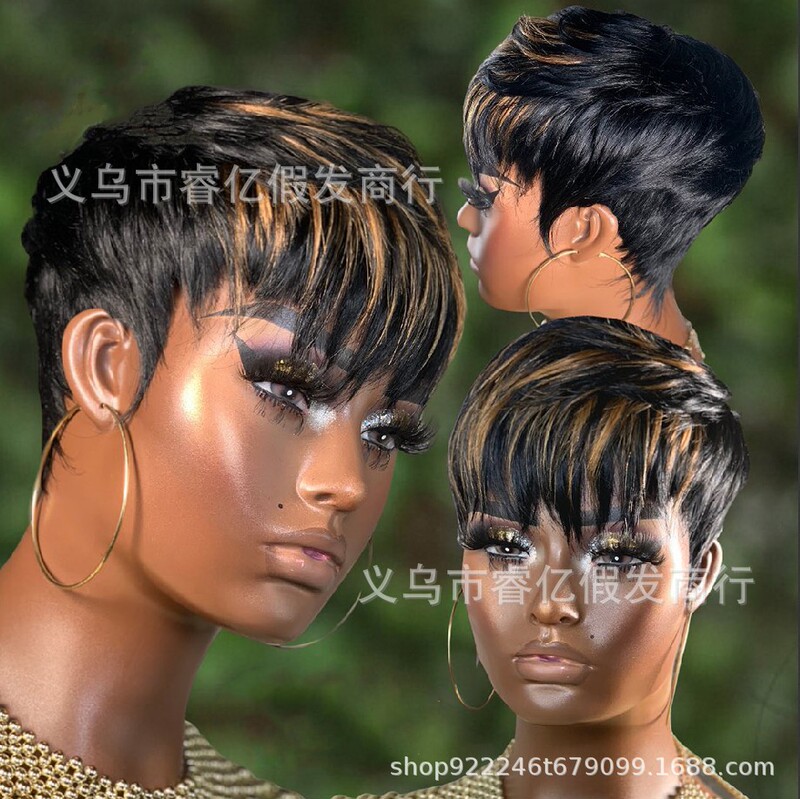 Independent website New European and American wig oblique bangs black mixed color brown short curly hair African wig wholesale 633