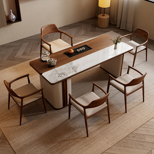 National Tide Aesthetics New Chinese Style Solid Wood Tea Table Italian Style Minimalist Rock Board Tea Table and Chair Combination Living Room Tea-making Integrated Tea Table
