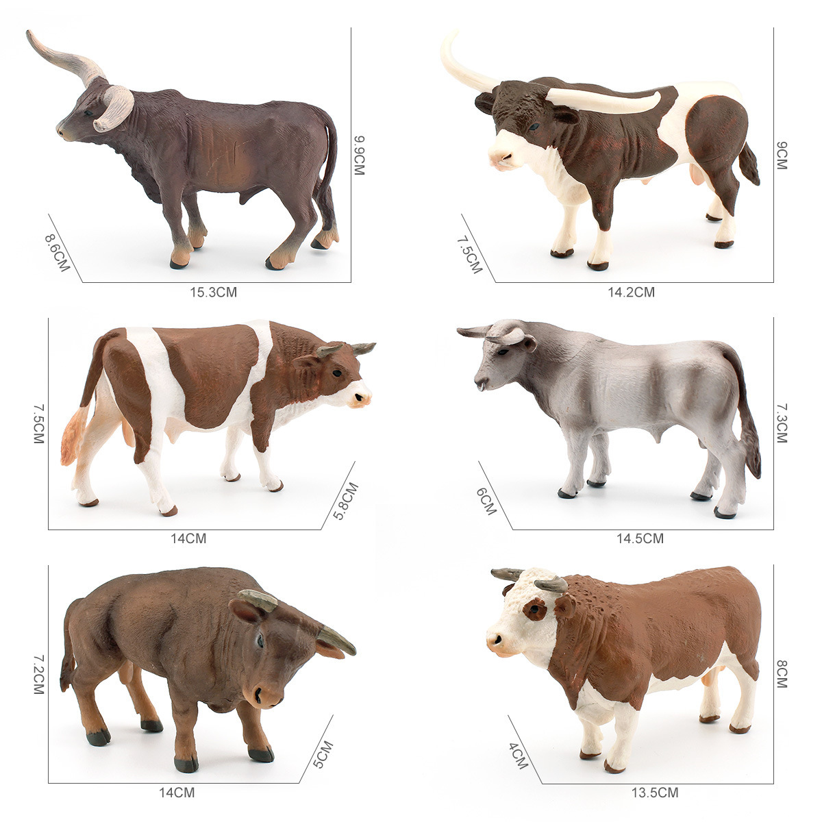 Simulación transfronteriza Rancho granja ganado marrón suizo Simmental Toro aves de corral vaca cuerno largo Bull modelo adornos