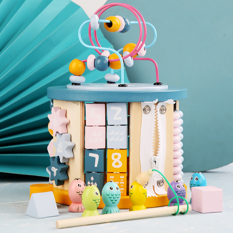 Caja del tesoro multifuncional grande para niños, música, cuentas, juguetes educativos de madera para bebés, 0-3 años