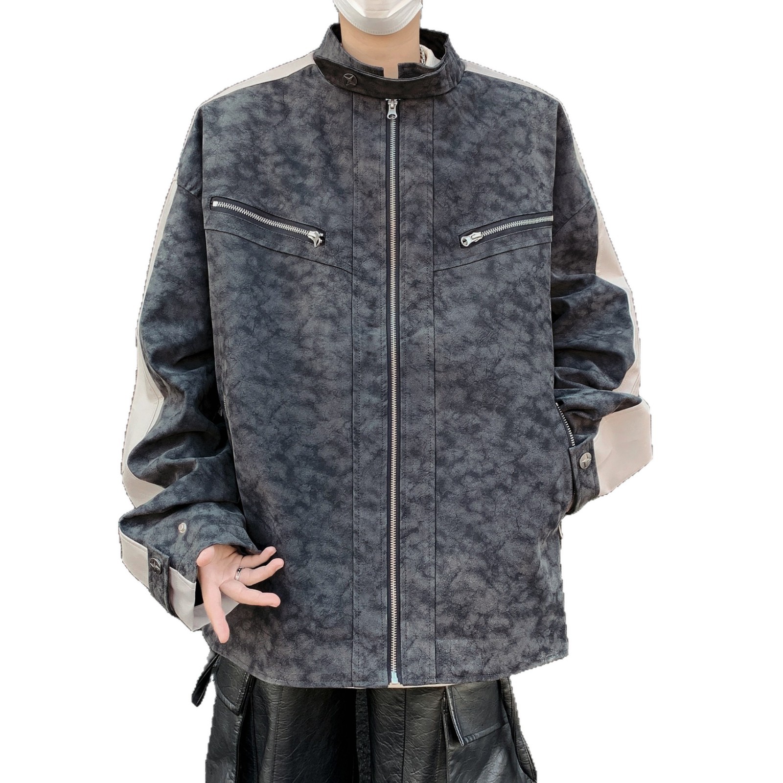 Vintage Texture Vintage Trendy Motorcycle Contrasting Splicing Jacket Jacket_voghion.com