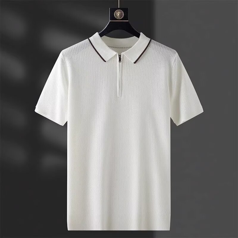 Hollow-Out Ice Silk Half-Zip Polo Shirt for Men, Short-Sleeve Slim-Fit White Knit Shirt, Men's 2026 New Summer Thin Style