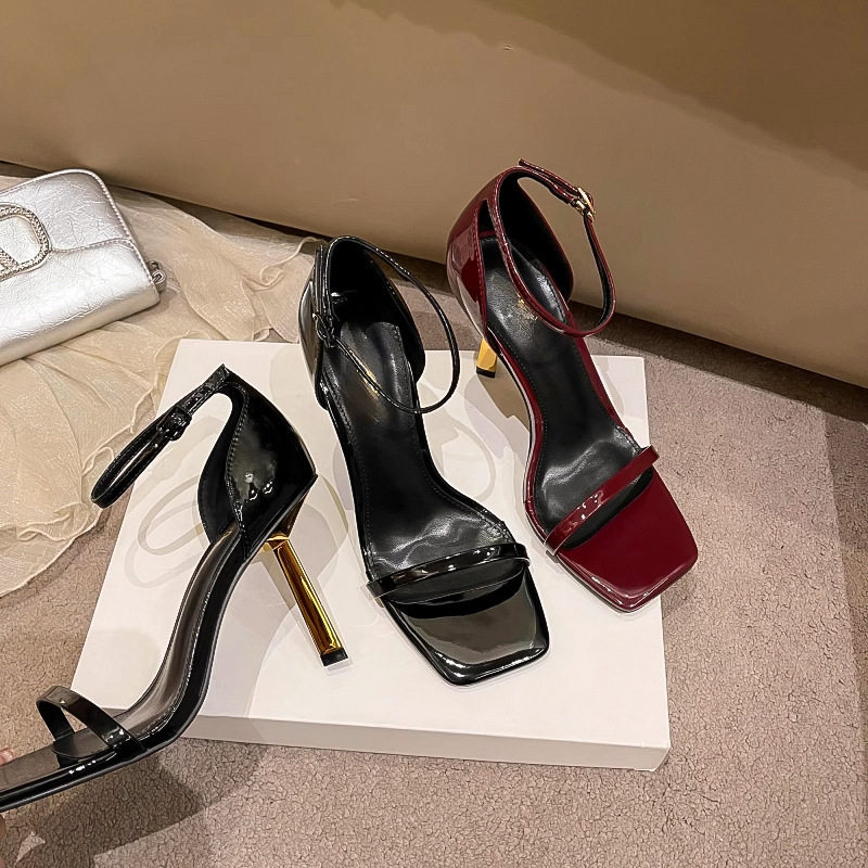 Fashionable universal high heels square toe with a strap heels open…