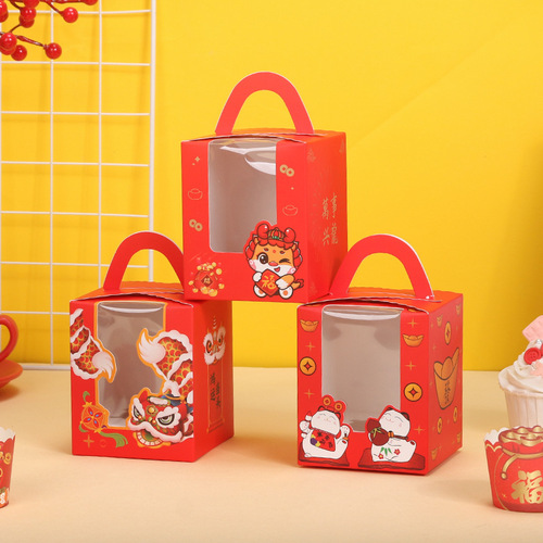 Factory direct sale cupcake box single box 2 red New Year cup cake packaging box portable transparent window
