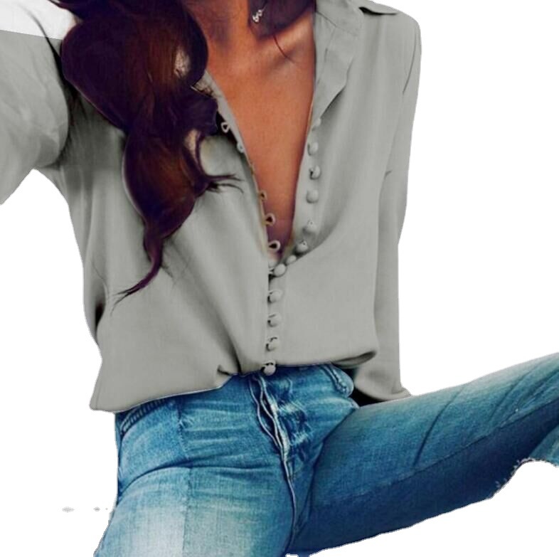Irregular Solid Color V-Neck Sexy Breasted Long Sleeve Women'S Shirt