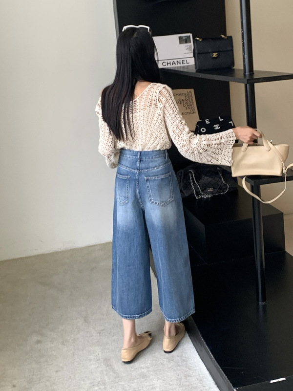 女性用刺繍入り8点ジーンズ、薄手、2025年夏の新しいスタイル、ハイウエスト、ルーズ、ストレート、小柄な人向けのワイドレッグパンツ|undefined