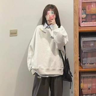美式复古藏青色圆领印花卫衣女2026新款秋冬宽松加绒上衣