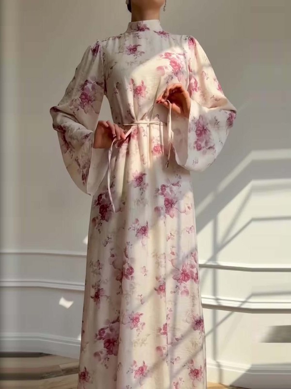亚马逊欧美2025秋季新款修身系带印花温柔灯笼袖连衣裙长袖长裙女|undefined