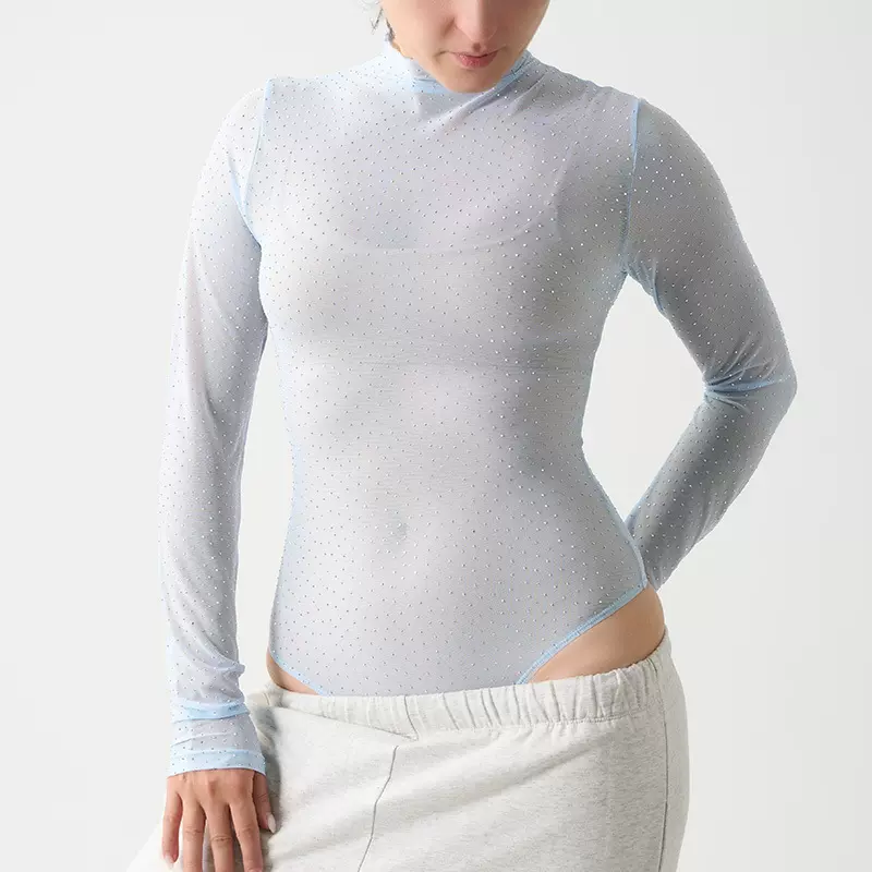 欧美热销性感俏皮镂空带钻罩衫连体衣 长袖高领可透视长T恤连体裤