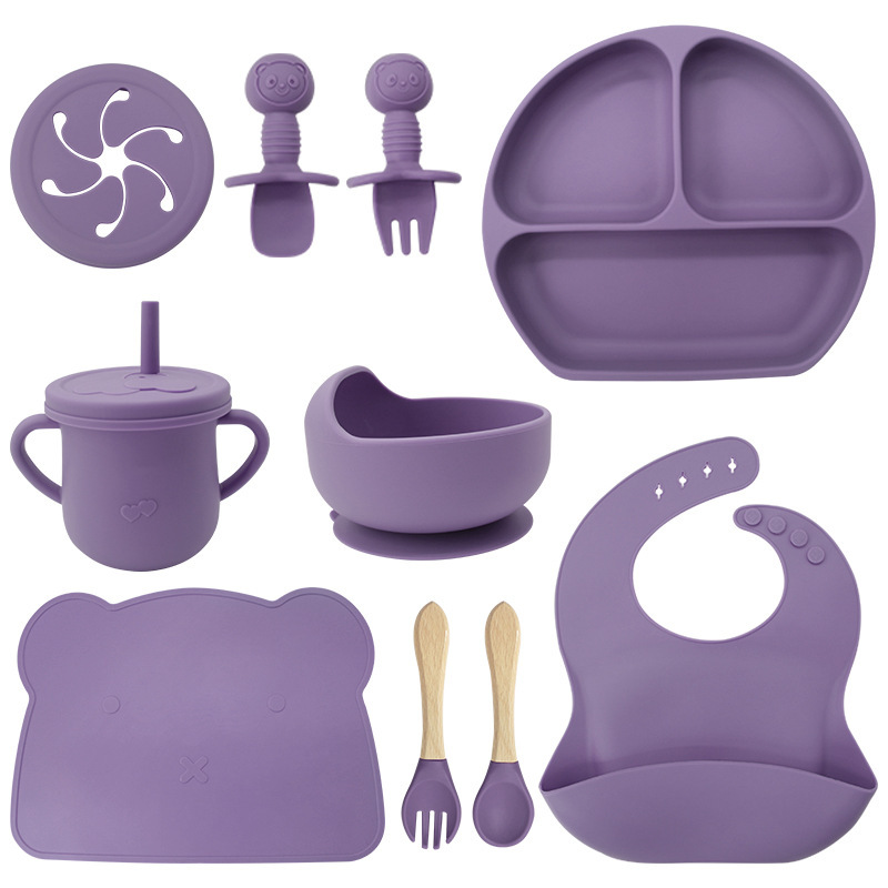 Conjunto de cubiertos de silicona para niños de grado alimenticio, platos de comedor de tres compartimentos, tazas de agua de silicona para bebés, tazas de silicona para estudiantes
