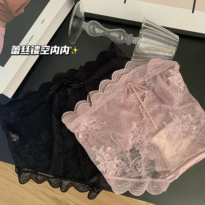小心机纯欲镂空蕾丝性感拼接缎面桑蚕丝裆中腰大码美臀三角内裤女