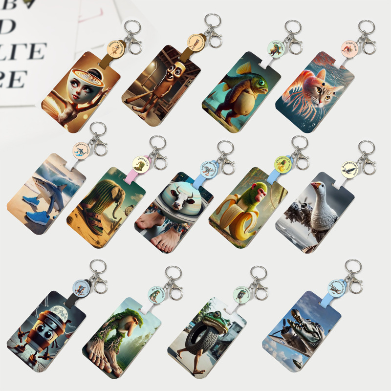 Tiktok Popular Foreign Ai Shang Hai Jing Push-Pull Card Holder Wooden Stick Mermaid Head Bear Saturn Cow Retractable Keychain Customization