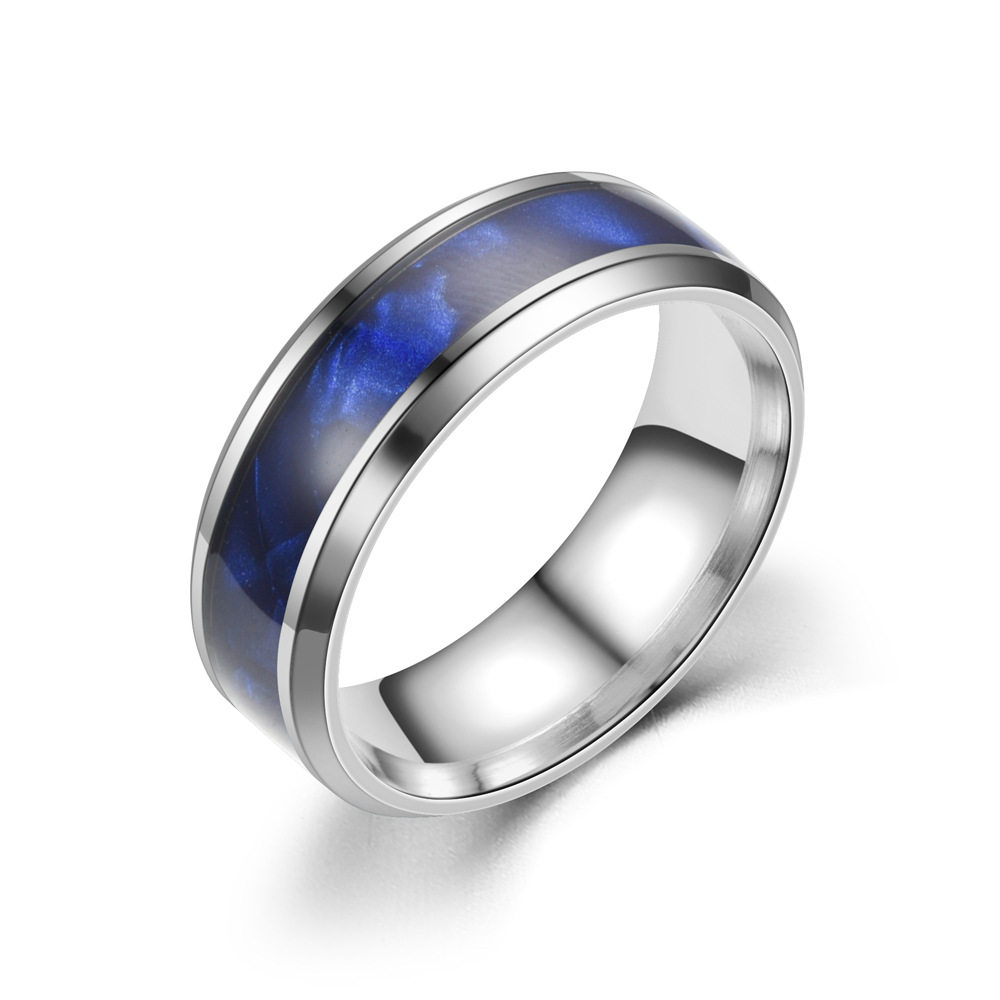 Cross-Border New Product Blue Patch Ring European and American Fashion Ring Men's Retro Ring 8mm Steel Color Blue Shell