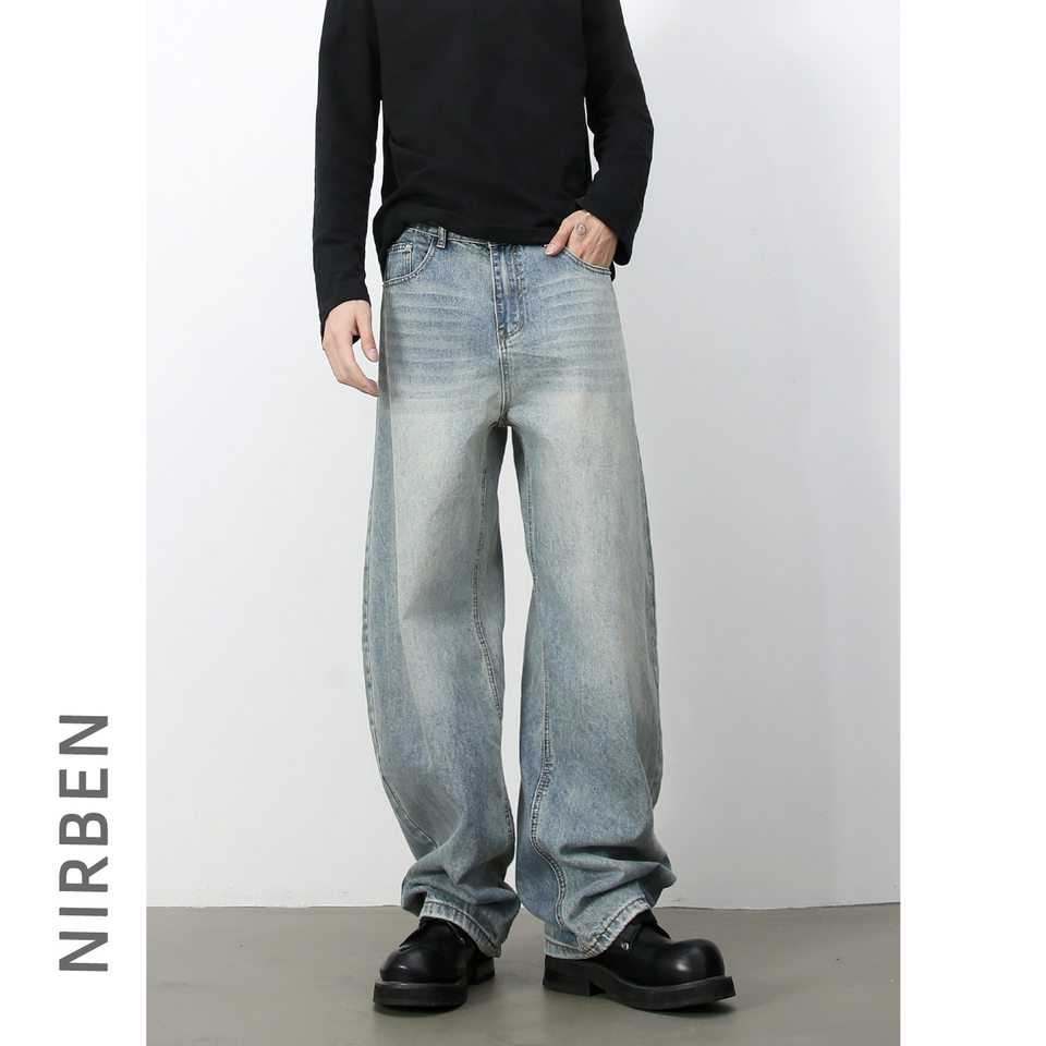 Quần jean nam ống rộng dáng suông cạp vừa phong cách đường phố — Denim đen, Làm cũ, Màu trắng, Màu xanh lam