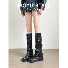 牛皮版~真皮厚底粗跟褶皱长筒靴2025新甜酷辣妹堆堆裤管靴骑士靴