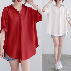 シフォンのシャツの女性の夏の200斤の太ったmmの韓国版の大きいサイズのゆったりしているお腹を遮ってやせて腰の気質のa字のシャツを収めます。