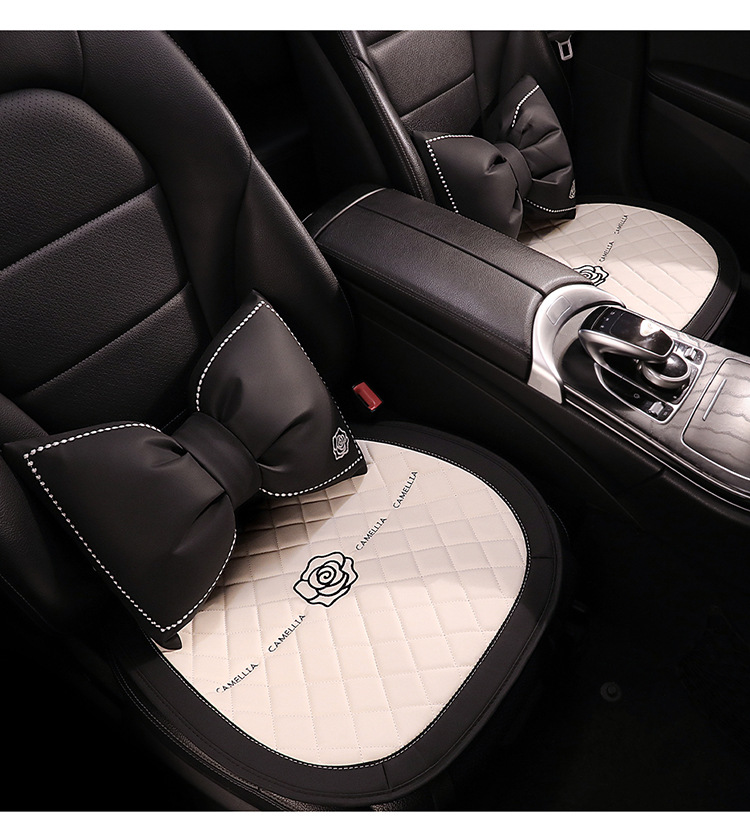 Simple Cute Cartoon Car Cushion Four Seasons Universal Single Piece Leather Camellia Women's Seat Cover Half Bag Seat Cushion