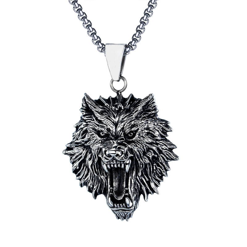 2025 cross-border promotion wolf head skull pearl chain necklace titanium steel vintage pendant jewelry direct sales
