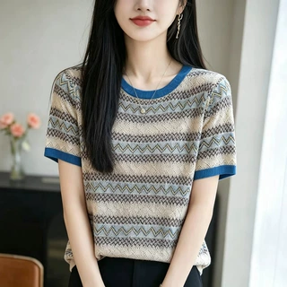 波西米亚条纹慵懒风短袖针织衫女夏季百搭薄款减龄老钱风T恤显瘦