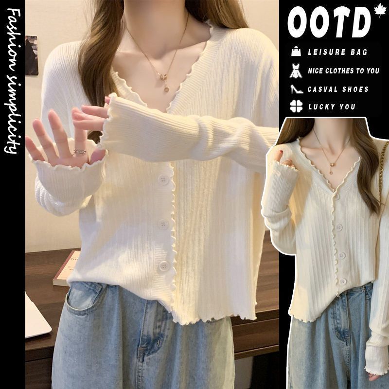 Knitted Tops 2024 Spring & Fall High-End V-Neck Air-Conditioning Shirts Versatile Sweaters Thin Outwears Long-Sleeved Knitted Cardigans for Women