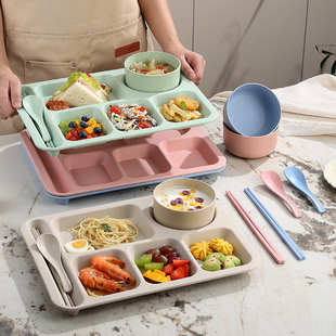 Wheat Straw Restaurant Plate Split Plate Household Plate Adult Fast Food Plate School Hotel Large Capacity Five-compartment Plate