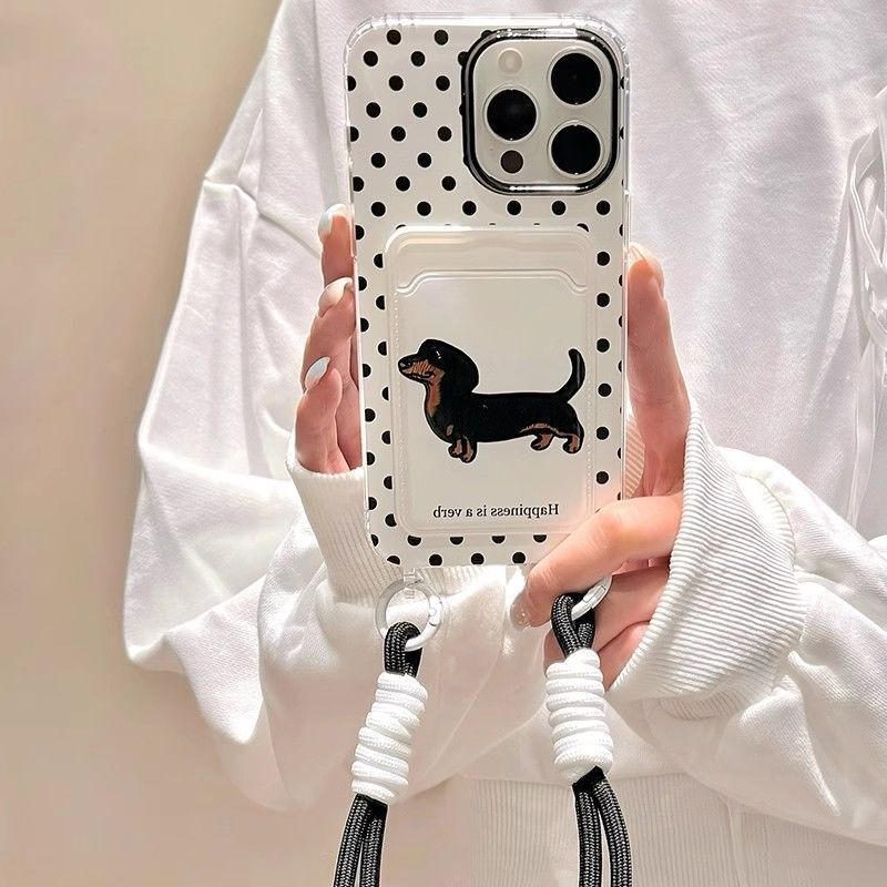 Black and white wave point dachshund dog iPhone16/15promax apple 14 mobile phone case 13 card bag 12 lanyard 11 female x