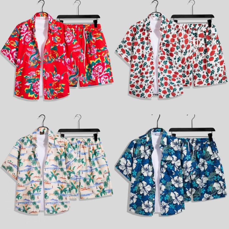 Casual Hawaiian Shirt Set Summer Trendy Short-sleeved Shirt Hong Kong Style Loose All-match Couple Beach Trendy Foreign Trade