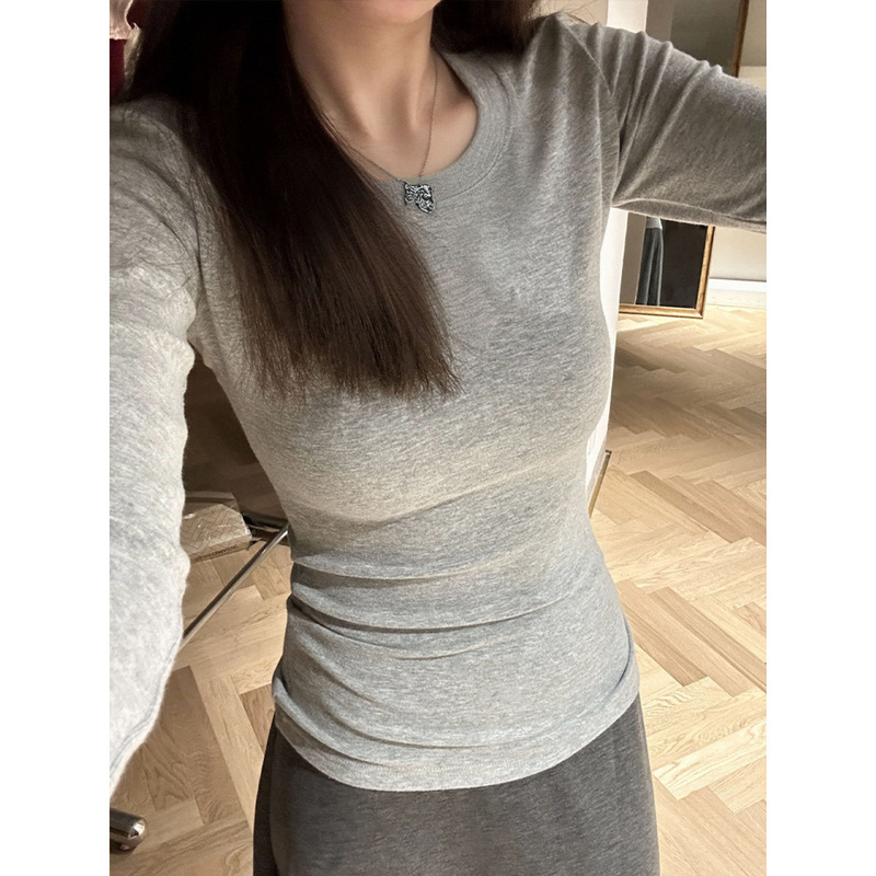 American Hot Girl Slim Basic Long-Sleeved T-Shirt for Women in Spring, Autumn and Winter Fleece-Lined Brushed Inner Bottoming Right Shoulder Top