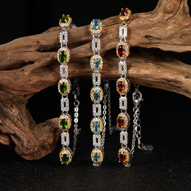 轻奢精致手饰S925纯银天然石榴石托帕石石榴石彩宝手链女直播批发