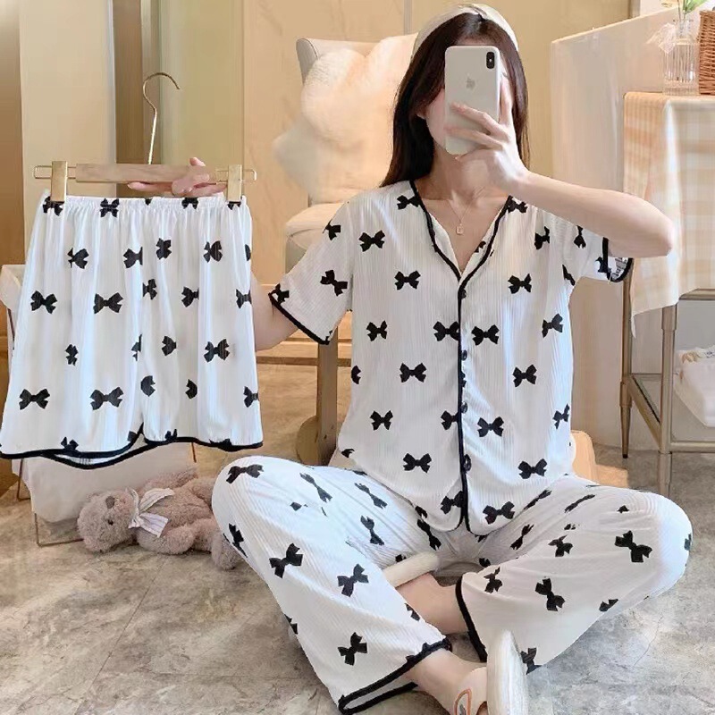 Shake Voice Live Micro Business Explosions Summer Short Sleeve Pajamas Three-Piece Set Korean Sweet Cute Cardigan Women's Home Clothes Shake Voice Live Micro Business Explosions Summer Short Sleeve Pajamas Three-Piece Set Korean Sweet Cute Cardigan Women's Home Clothes