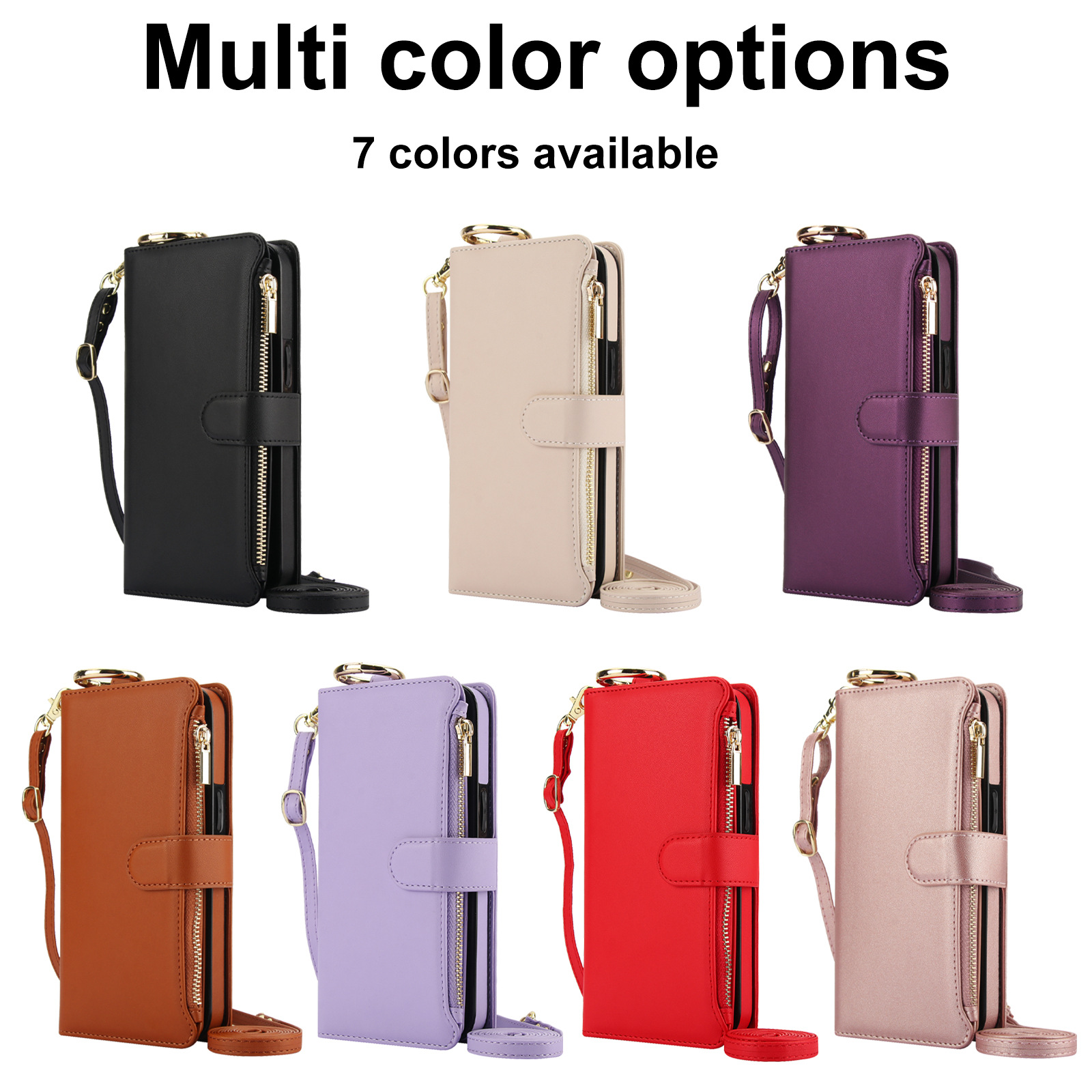 Foreign Trade Suitable for iPhone 17 Multi-Functional Multi-Card Slot Zipper Leather Case S25U Ring Buckle Crossbody Strap Phone Case
