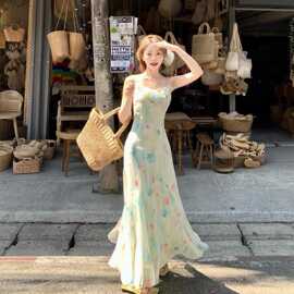 茶歇法式晕染网纱吊带连衣裙女夏季绝美超仙海边度假收腰鱼尾长裙